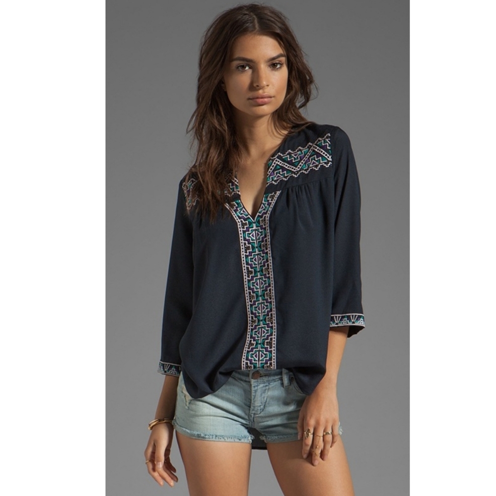 MM Couture Tunic Embroidered Tunic Beaded Navy Blue Top size Medium Boho